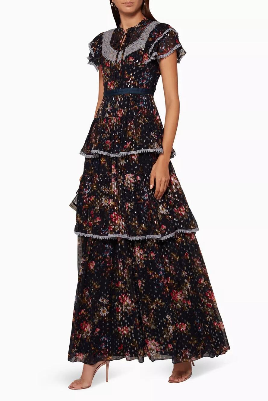Needle & Thread Navy Winter Forest Floral Tier Ruffle Lace Prairie Maxi Dress 2